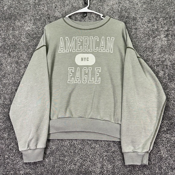 American Eagle Outfitters Tops - American Eagle Sweatshirt Womens Small Gray Green Fleece Crewneck Graphic Logo